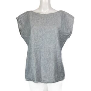 Linenbee Shirt Womens L Blue White Linen Breathable Short Sleeve Boxy Minimalist